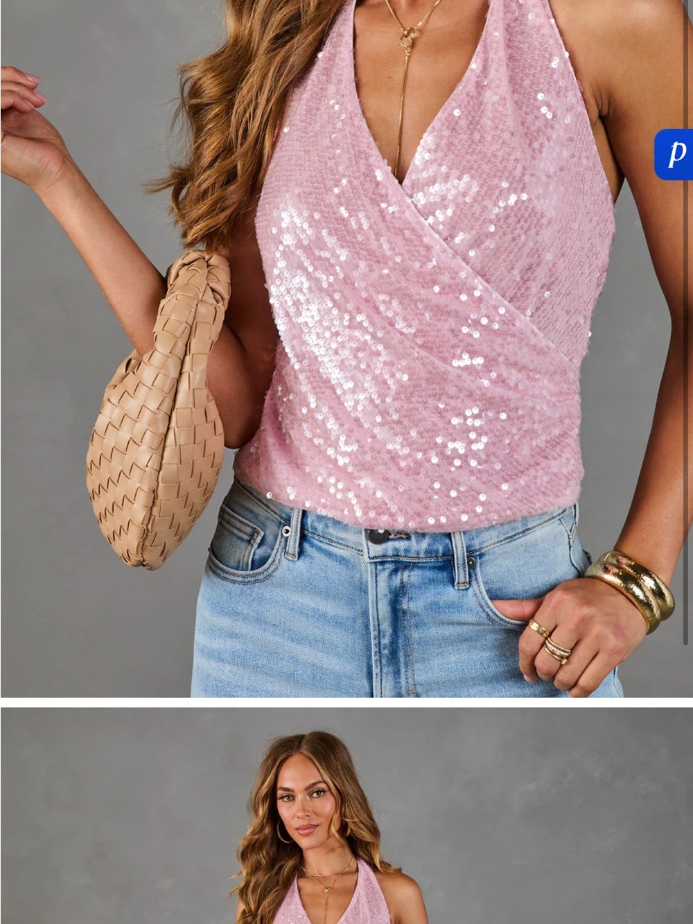 Sequin Wrap Halter Tank Top - Pink